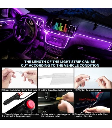 Kit 5 Pezzi RGB 6 Metri Interni Auto Decorativa Fibra Ottica Cruscotto Portiere Gestione App Smartphone