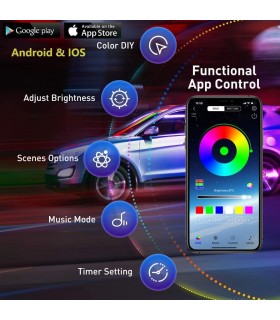 Kit 5 Pezzi RGB 6 Metri Interni Auto Decorativa Fibra Ottica Cruscotto Portiere Gestione App Smartphone