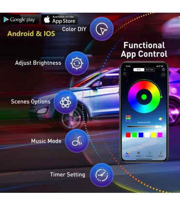 copy of Kit 5 Pezzi RGB 6 Metri Interni Auto Decorativa Fibra Ottica Cruscotto Portiere Gestione App Smartphone
