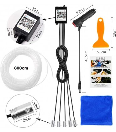 copy of Kit 5 Pezzi RGB 6 Metri Interni Auto Decorativa Fibra Ottica Cruscotto Portiere Gestione App Smartphone