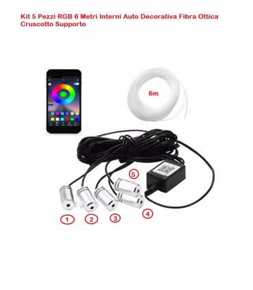 Kit 5 Pezzi RGB 6 Metri Interni Auto Decorativa Fibra Ottica Cruscotto Portiere Gestione App Smartphone